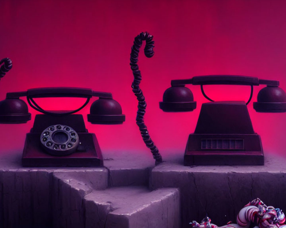 Vintage telephones with twisted cords on pink-red background