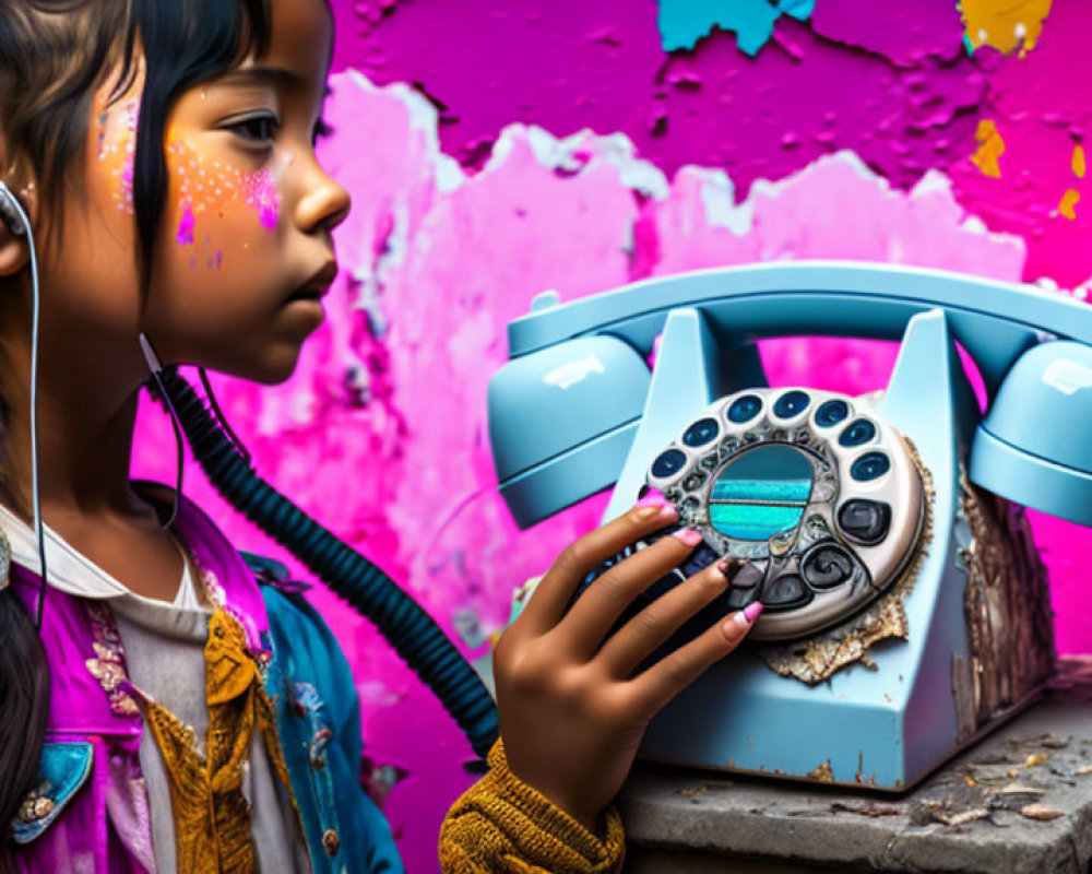 Young girl with earbuds listening to vintage blue rotary phone in vibrant paint setting