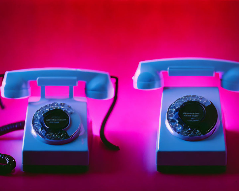 Vintage Rotary Telephones with Blue and Pink Lighting on Red Background