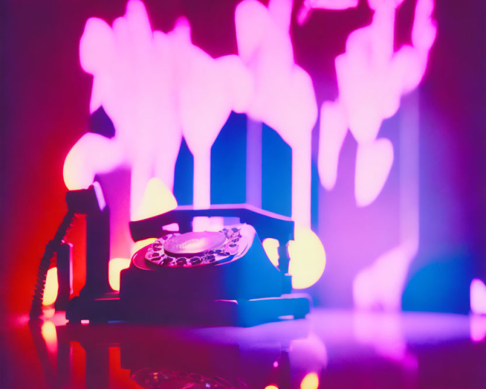 Vintage telephone with illuminated rotary dial in neon pink and yellow lights