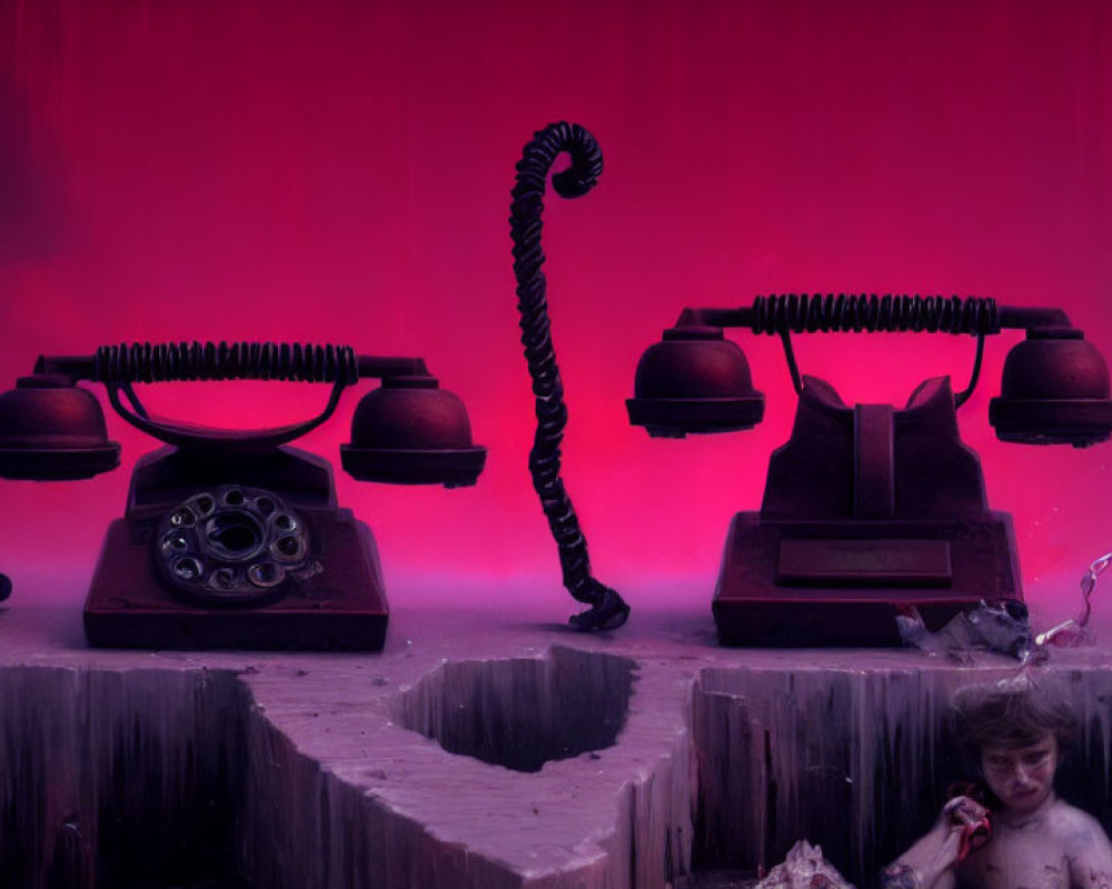 Vintage telephones and child with phone on pink backdrop