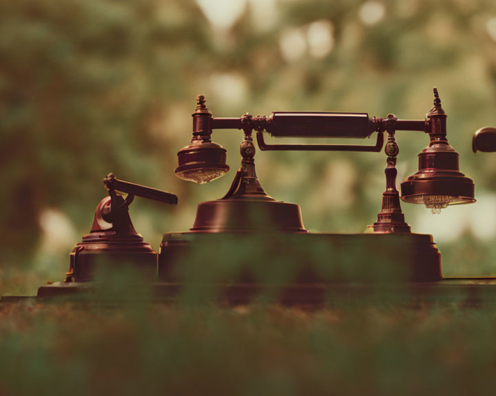 Vintage rotary dial telephone on grass with blurred green background