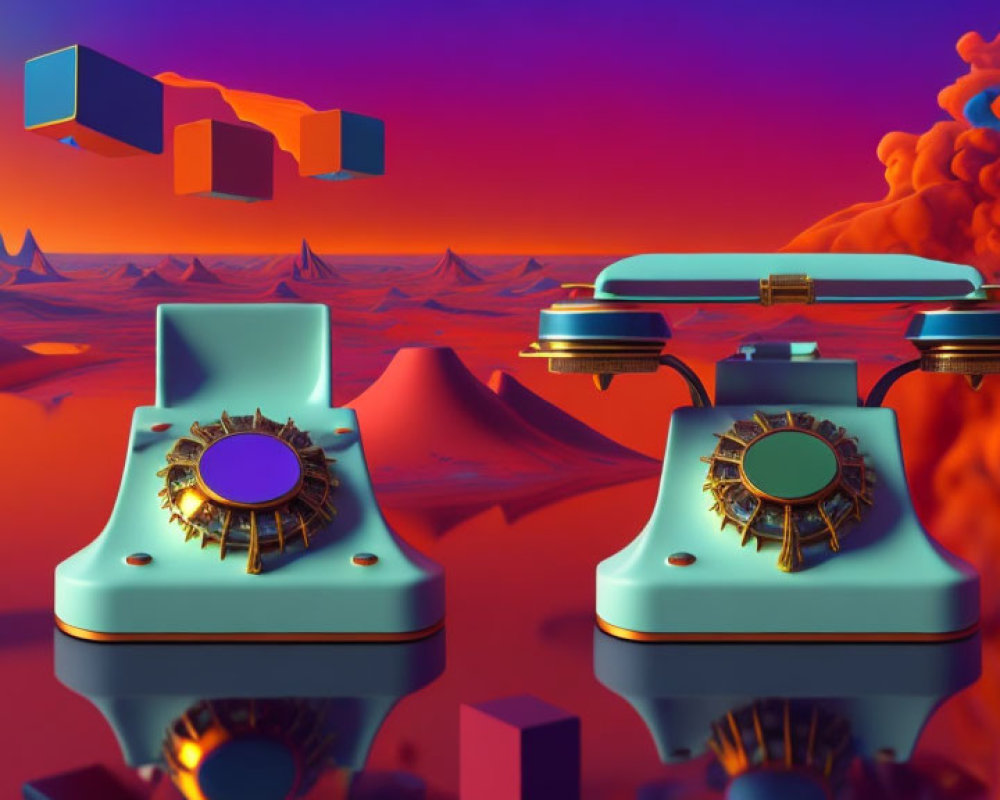 Colorful Surreal Landscape with Vintage Rotary Phones & Geometric Shapes