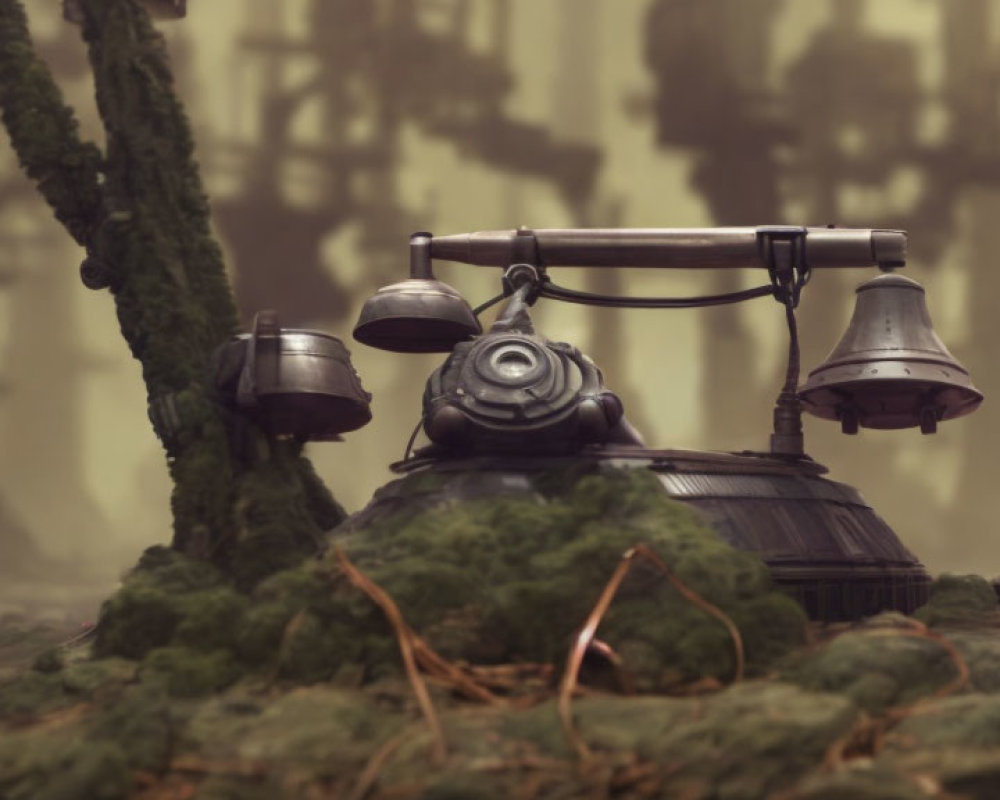 Moss-covered vintage telephone in misty forest with hanging bells