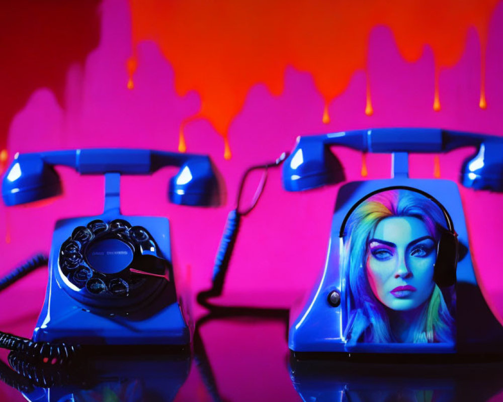 Vintage Telephones on Neon Pink and Blue Backdrop with Melting Effects