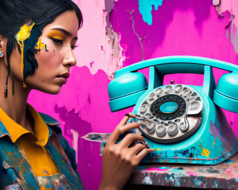 Woman with artistic makeup posing with vintage rotary dial telephone on vibrant pink and purple wall