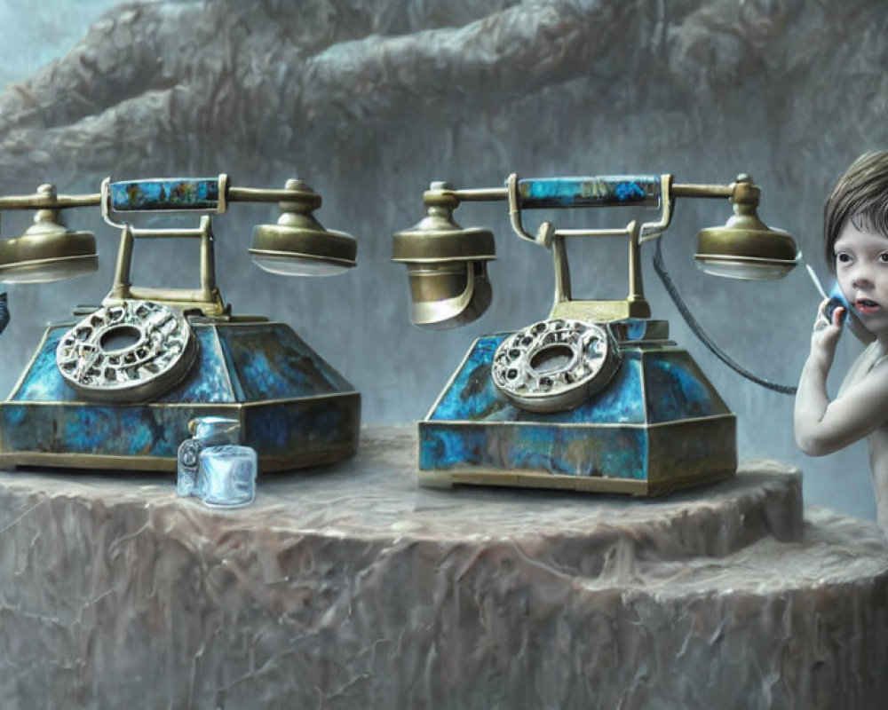 Surreal image of vintage blue rotary phones and contemplative childlike figure