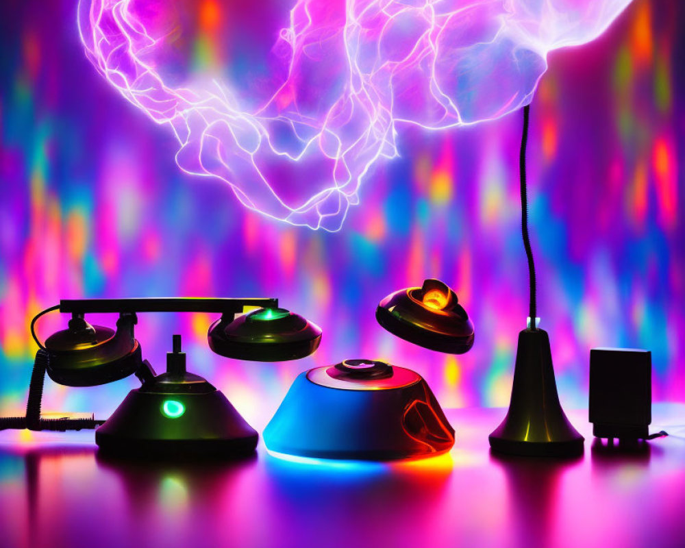 Vibrant Retro Gaming Joysticks and Plasma Ball on Pixelated Background