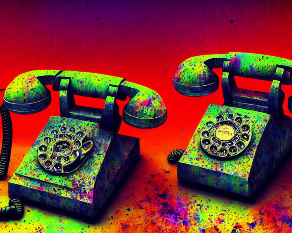 Colorful Psychedelic Vintage Rotary Dial Telephones on Vibrant Background