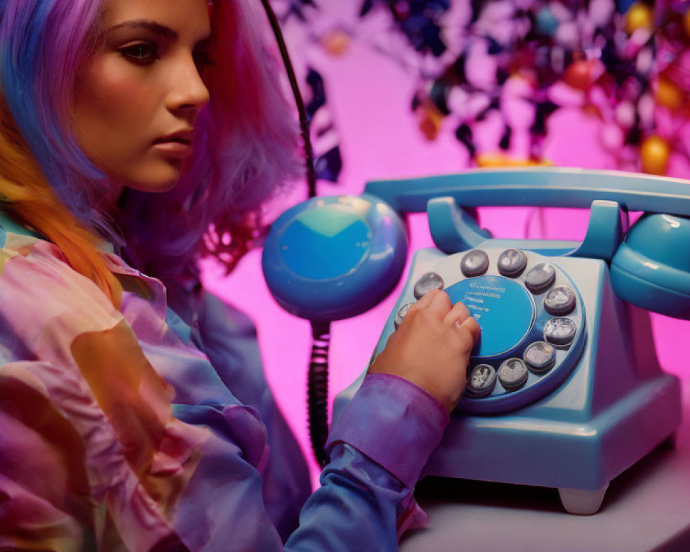 Rainbow-haired person with vintage blue rotary phone in pink and purple setting