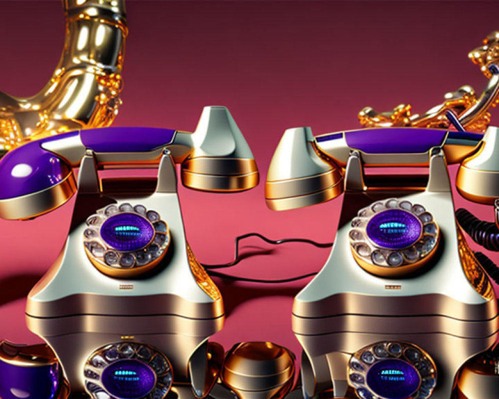 Vintage Gold and Purple Rotary Telephones on Luxurious Abstract Background