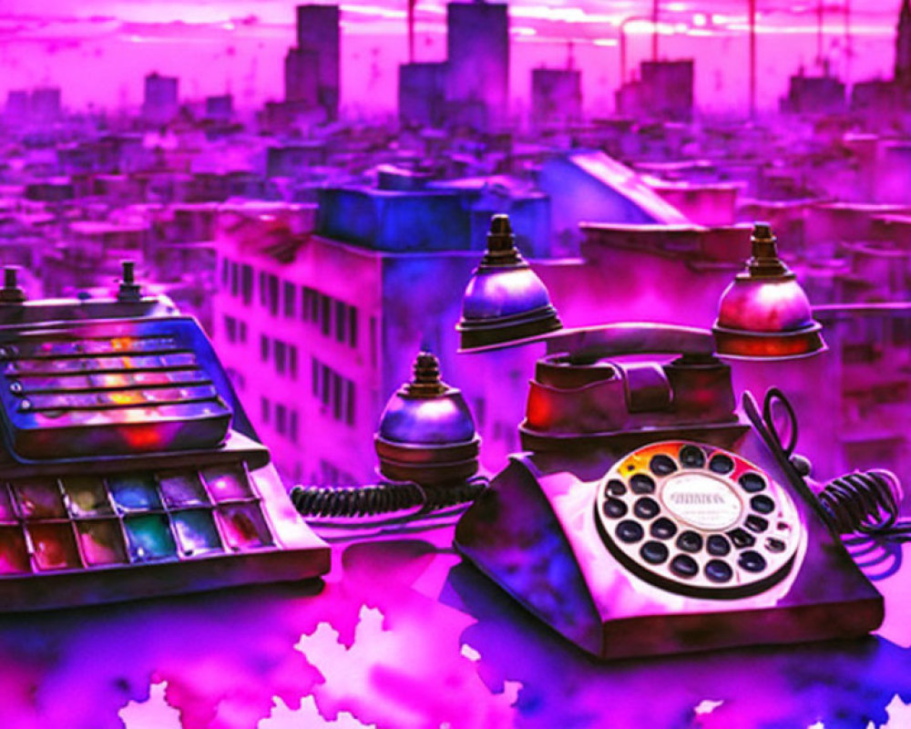 Vintage telephones in purple cityscape with glowing sky