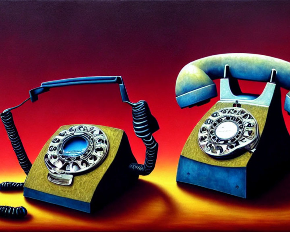 Vintage rotary dial telephones with receivers off against gradient background