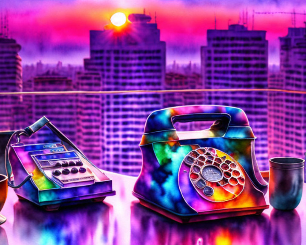 Colorful art-style image: rotary phone, cash register, mug, and pen holder on table with