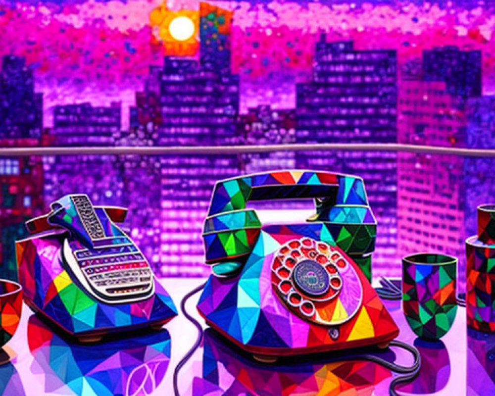 Vibrant retro telephones and geometric cups against cityscape backdrop