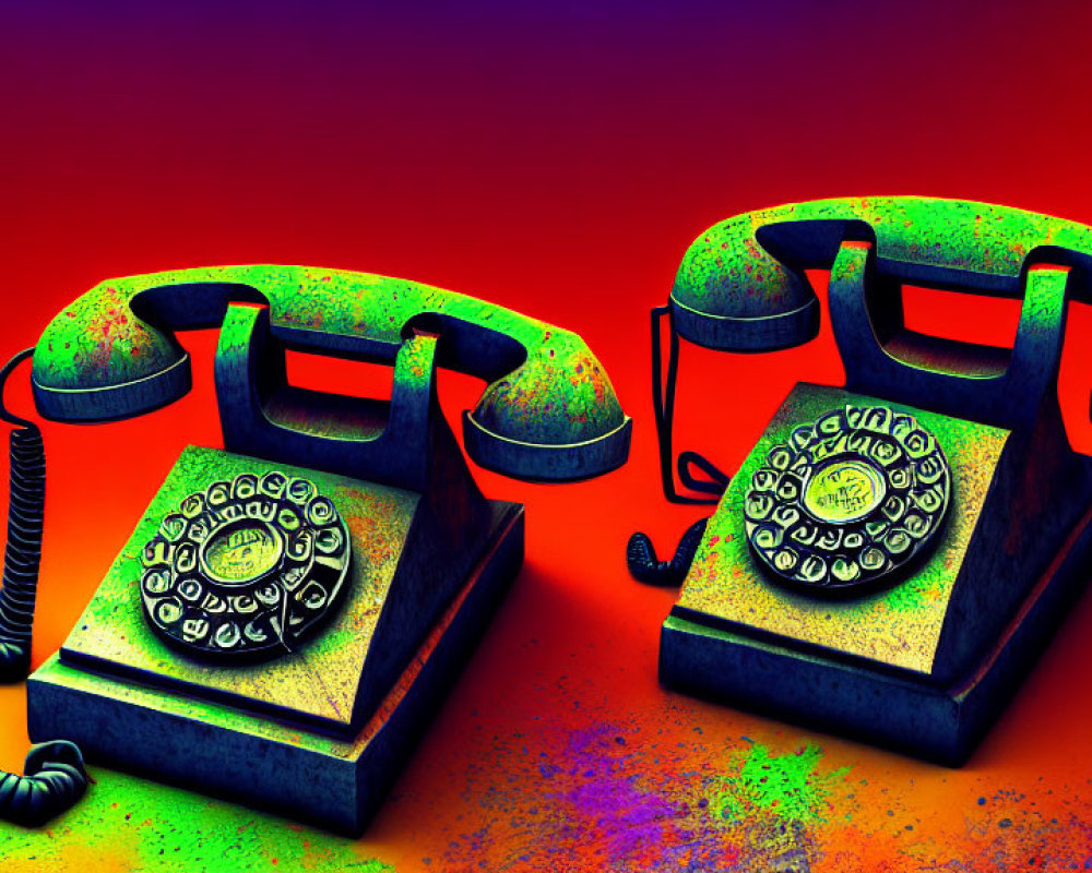 Vintage Rotary Phones with Colorful Textures on Orange and Purple Background