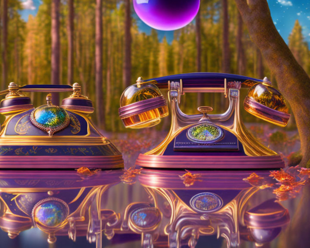 Vintage Phones with Colorful Baubles in Enchanted Forest Setting