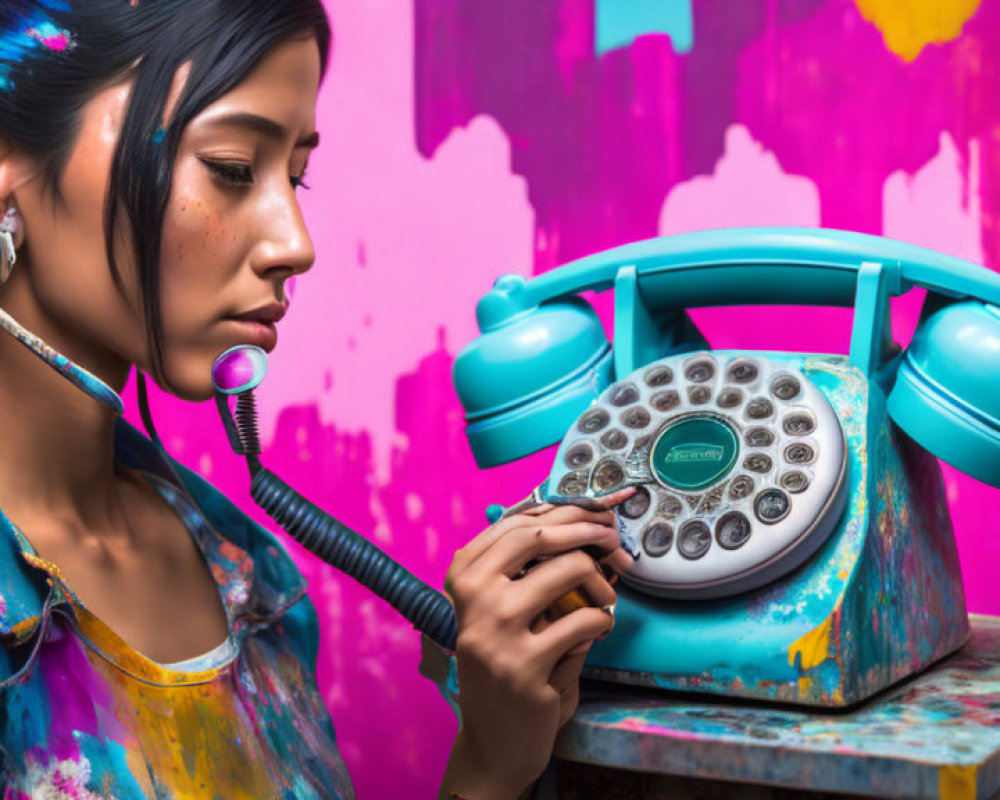 Young woman with paint smears holding vintage phone on colorful background