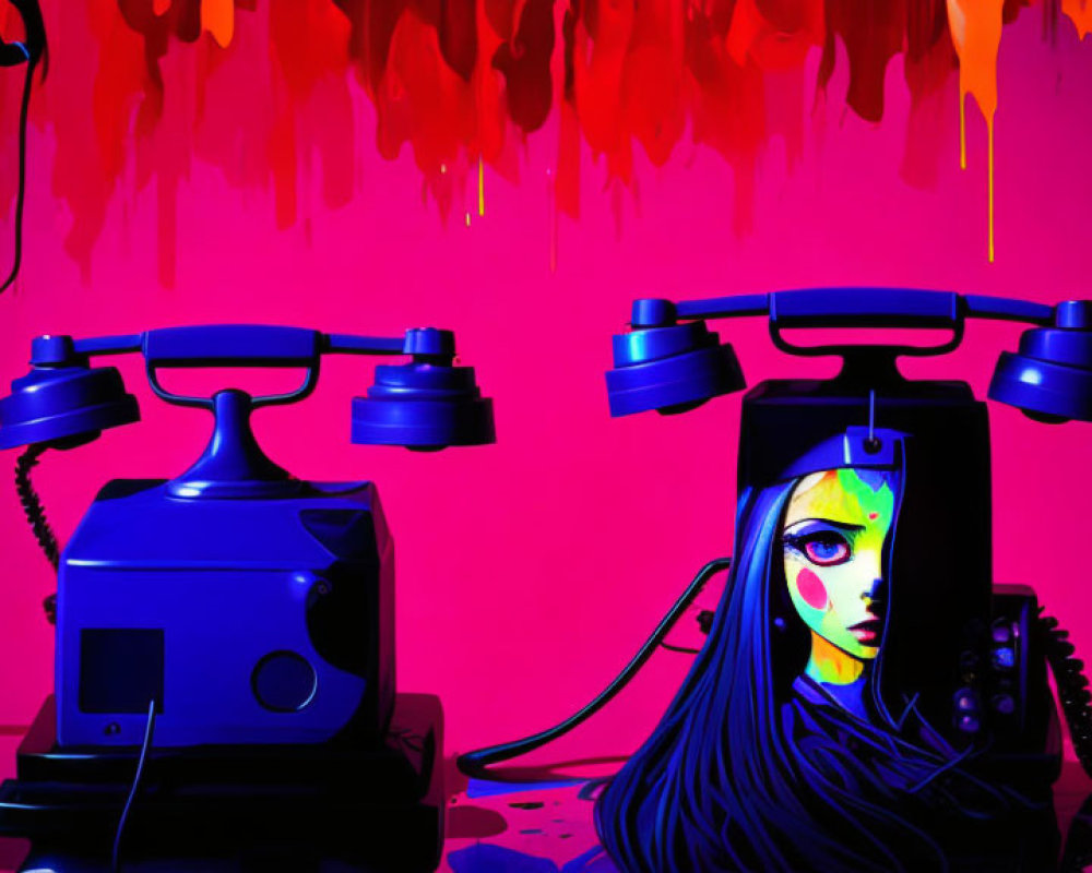 Vintage telephones on pink background with robot and blue-haired female characters