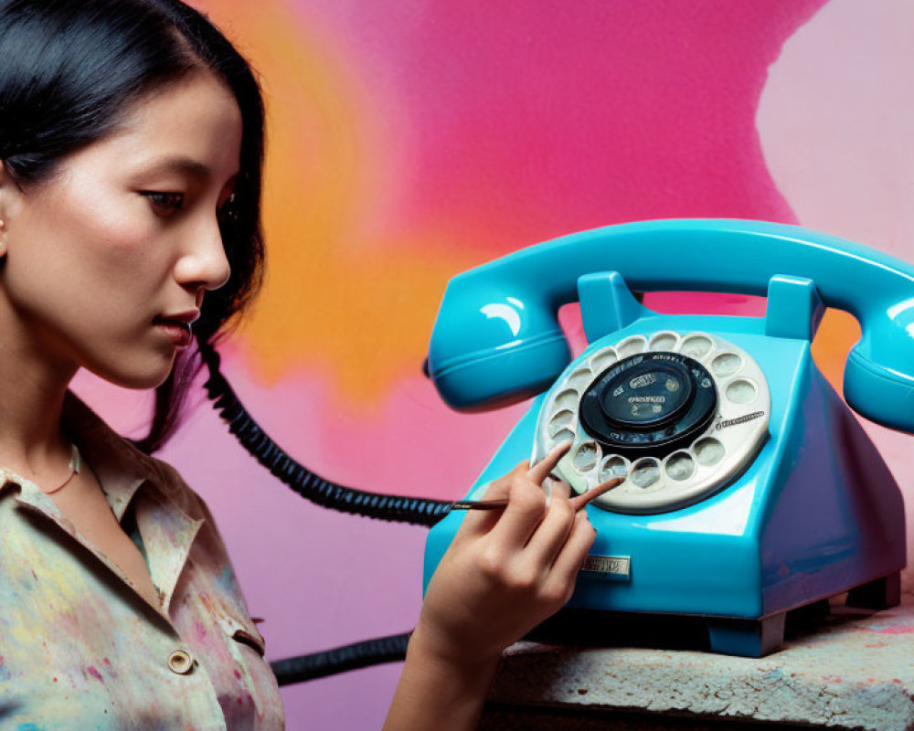 Woman dialing retro blue rotary phone on vibrant pink and yellow background