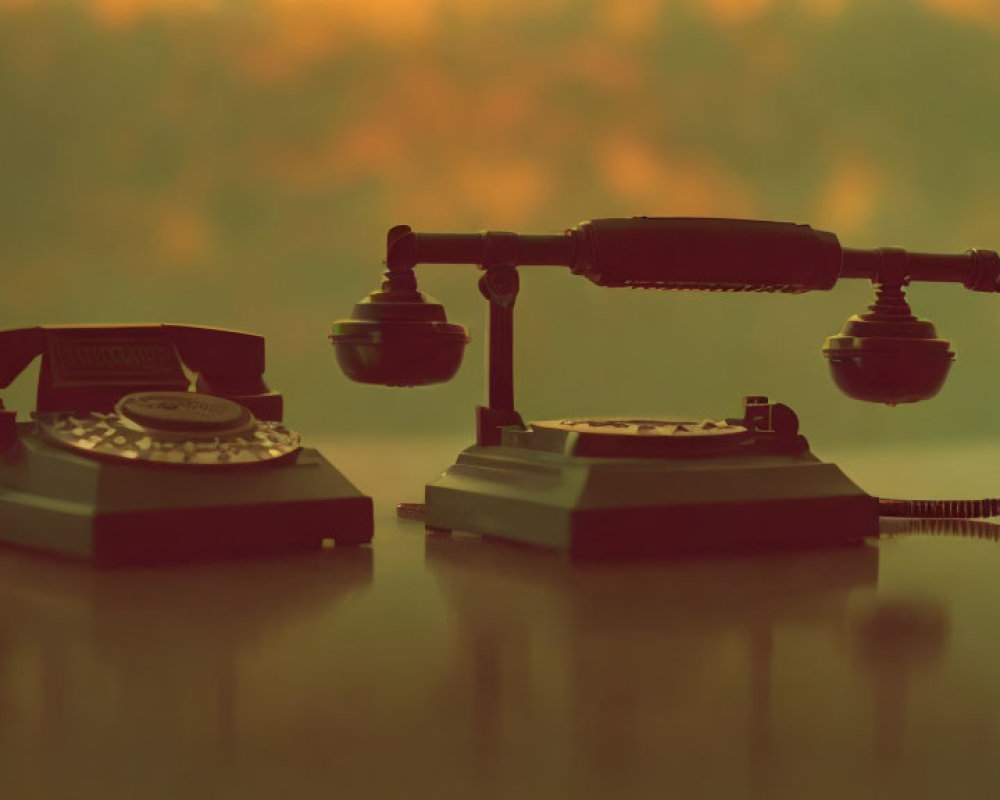 Vintage Rotary Telephones and Desk Lamp on Reflective Surface with Bokeh Light Background