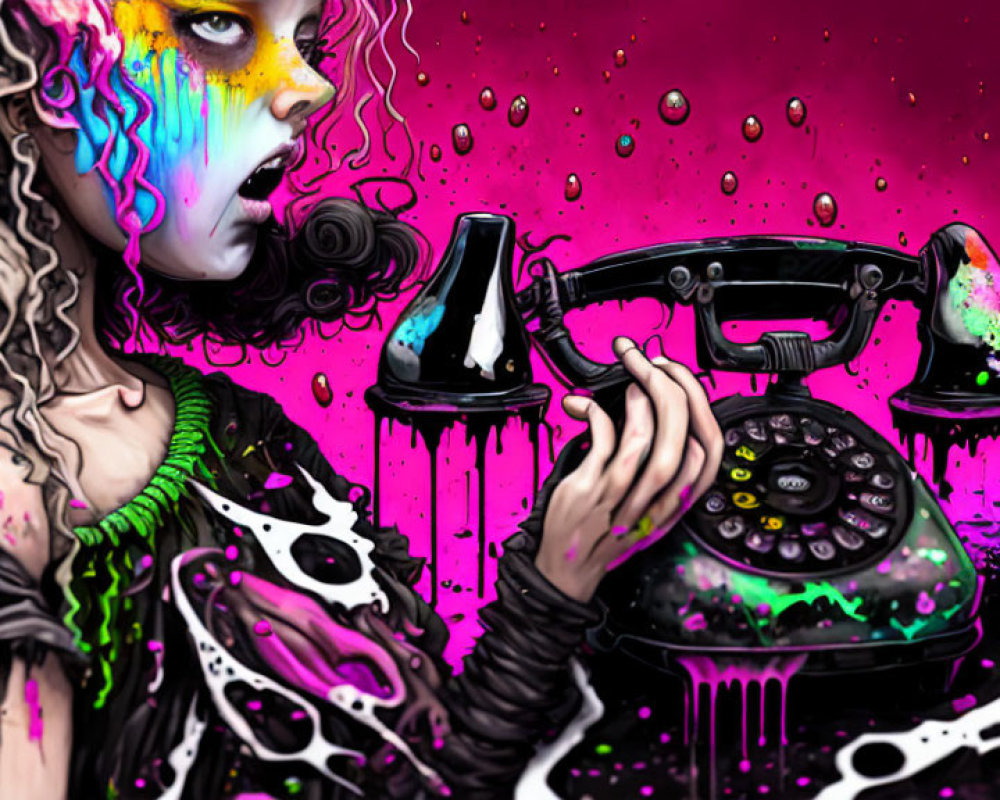 Colorful artwork: person with melting features holding rotary phone on magenta backdrop.