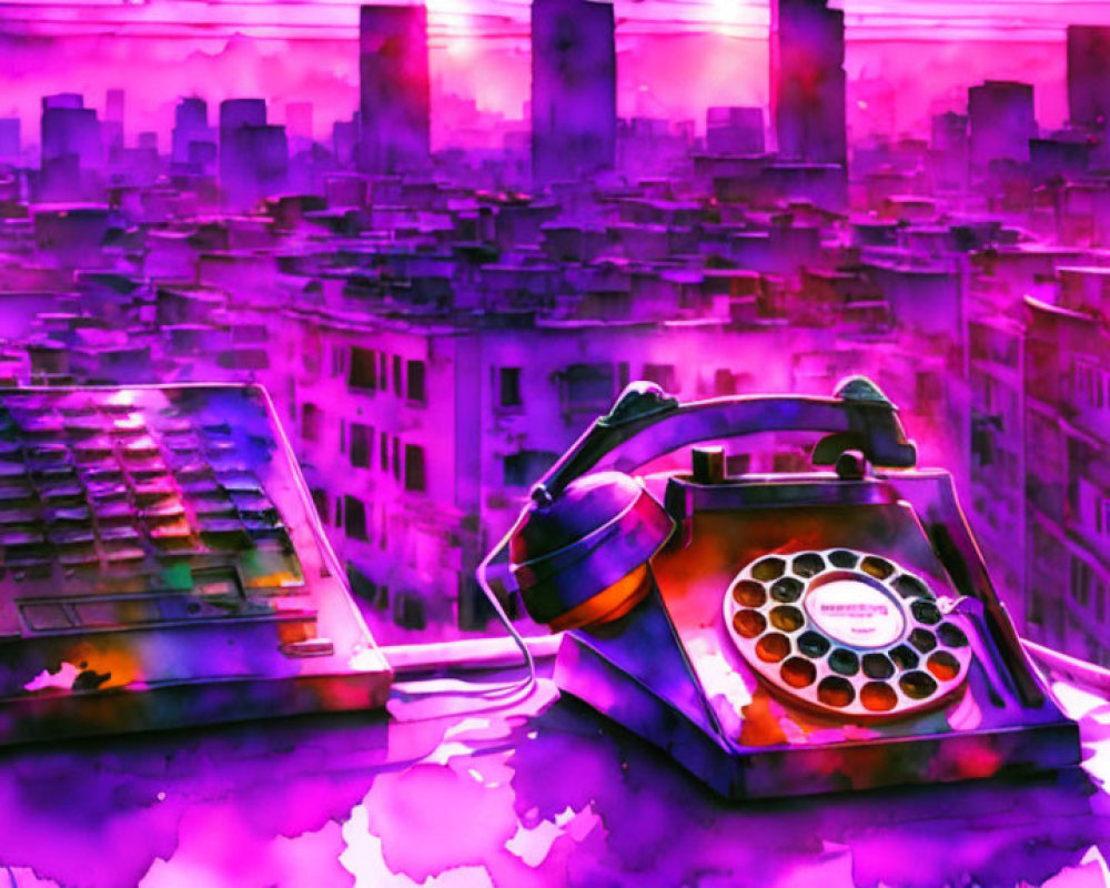 Colorful digital artwork: retro phone and cash register on reflective surface, purple cityscape background