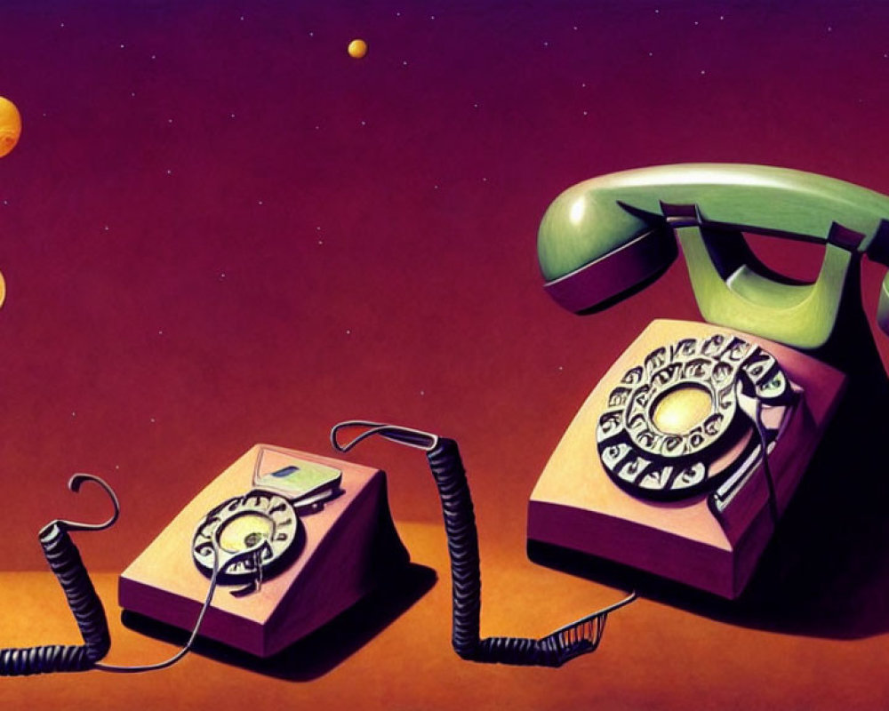 Surreal artwork: Vintage telephones with stretched cords in space-themed setting