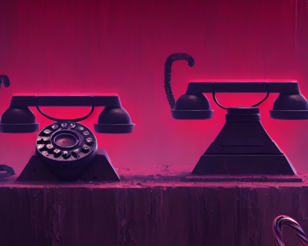 Vintage Rotary Dial Telephones Under Pink and Purple Light on Dusty Surface