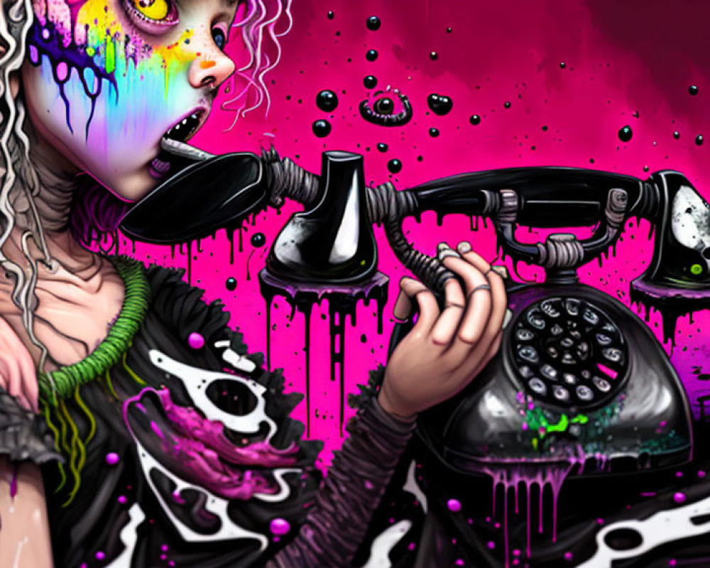 Illustration of zombie-like character on rotary phone in pink and black backdrop