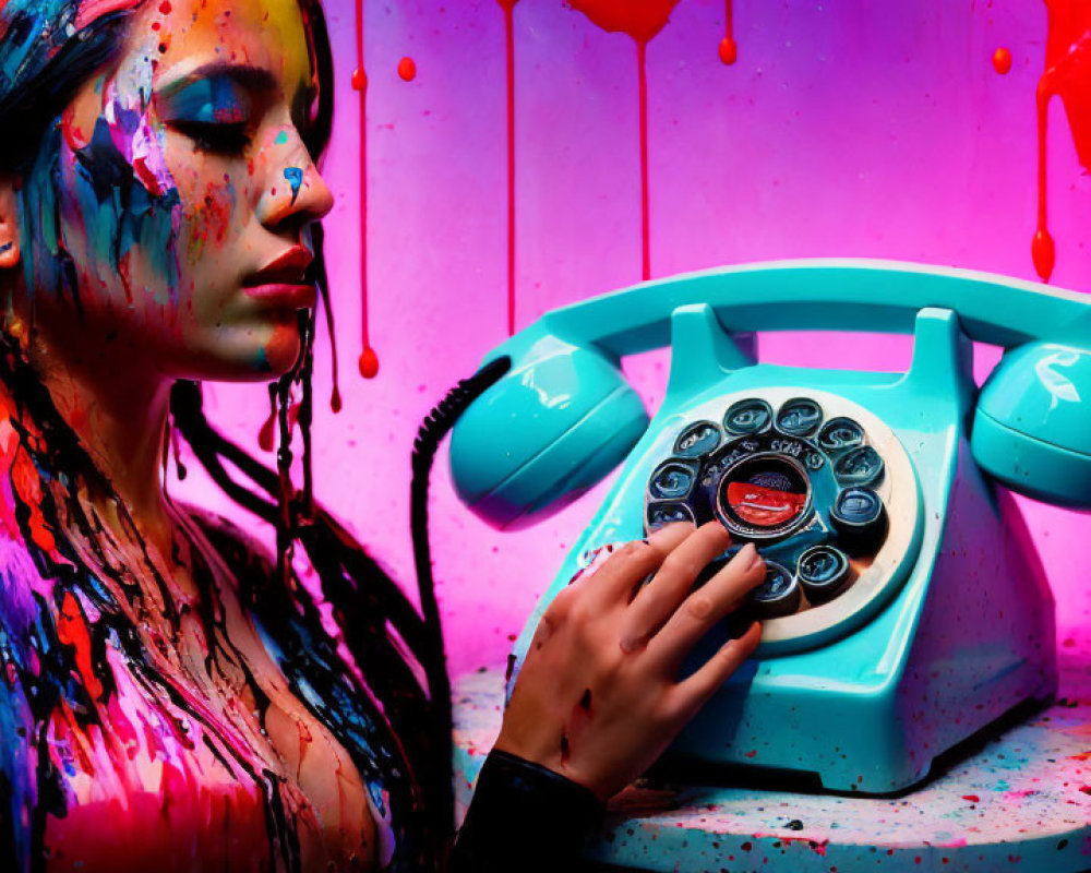 Colorful paint drips on person holding vintage telephone against vibrant background