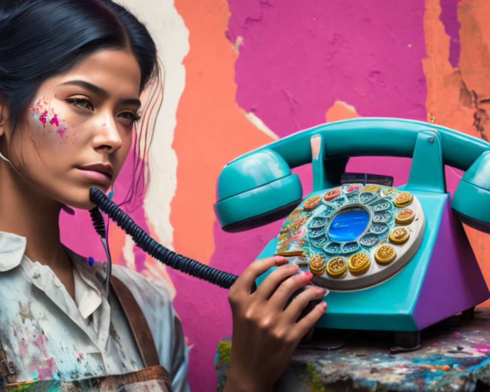 Braided Hairstyle Woman with Rotary Telephone on Colorful Background