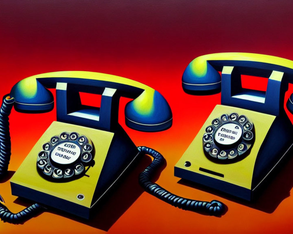 Vintage rotary phones in yellow and red with cords tangled on red background