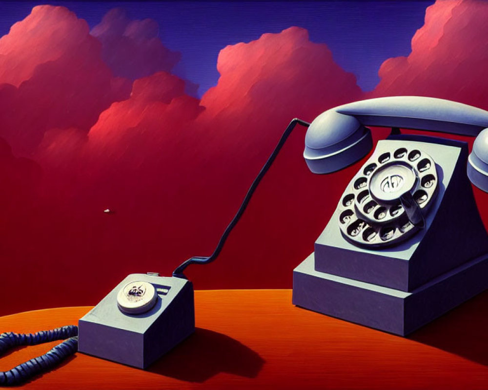 Vintage telephone with detached rotary dial on desk against surreal red sky and purple clouds.