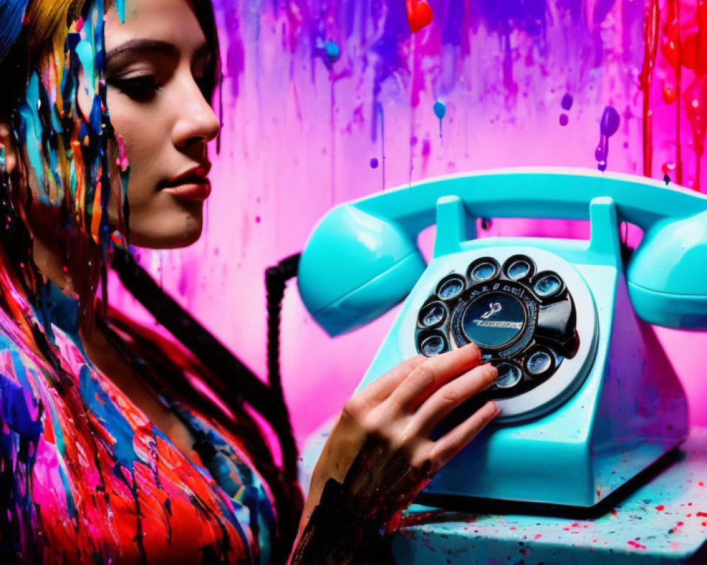 Colorful woman with paint on face and hand, contemplating retro blue rotary phone on vibrant background