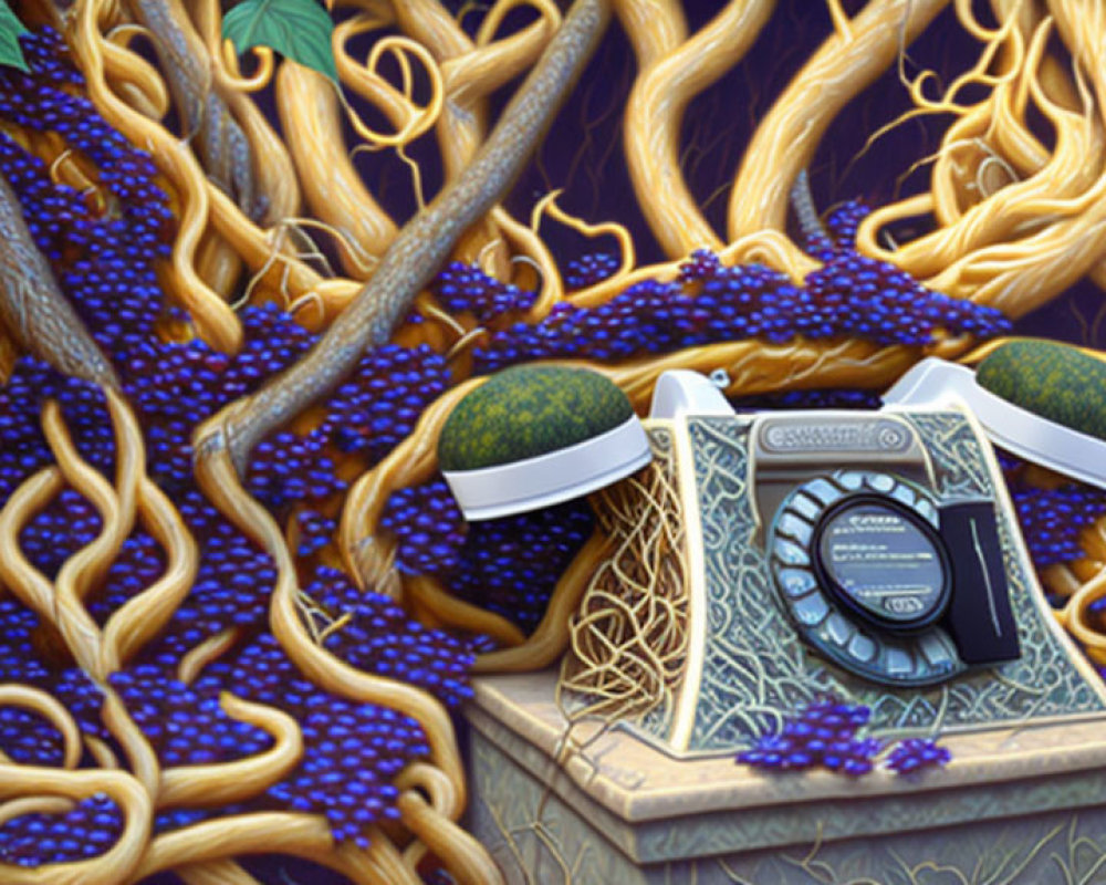 Vintage telephone surrounded by vines and berries on stone structure in tangled forest setting