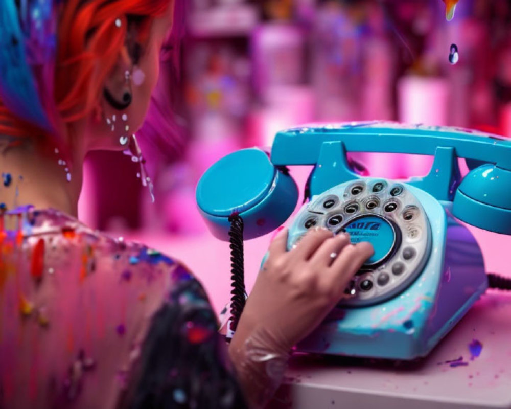 Vibrant multicolored hair person dialing retro blue telephone in vivid pink backdrop