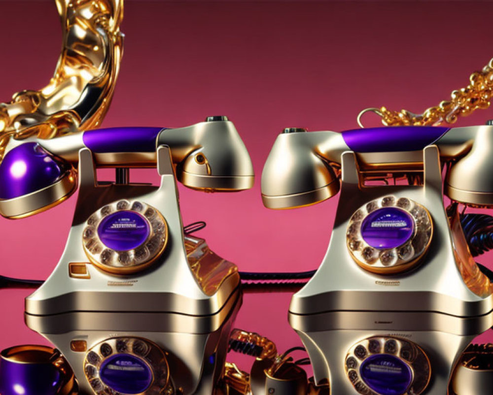 Vintage Rotary Telephones with Gold and Purple Accents on Luxurious Background