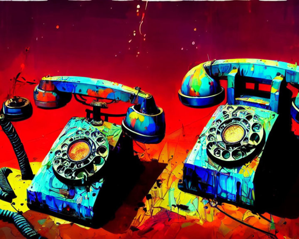 Pair of retro blue rotary dial telephones on red background with splattered paint