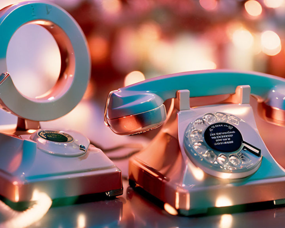 Vintage rotary phone and circular desk lamp in warmly lit room