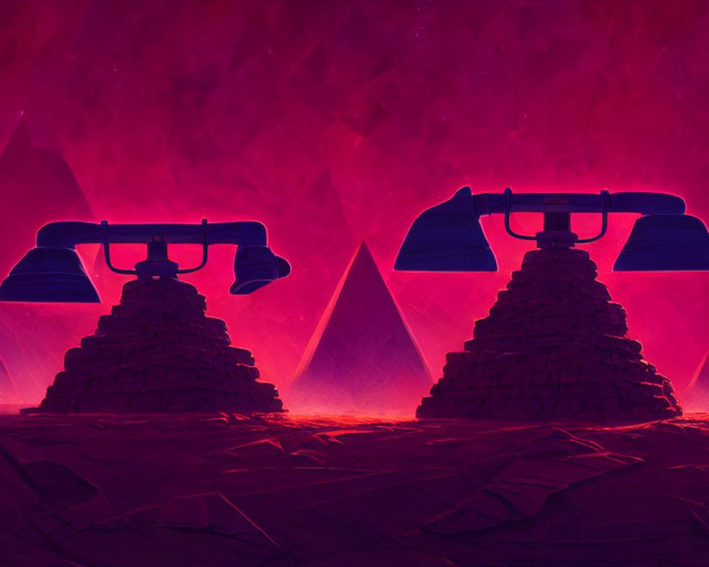 Vintage telephones on pyramid-like structures in surreal red geometric landscape