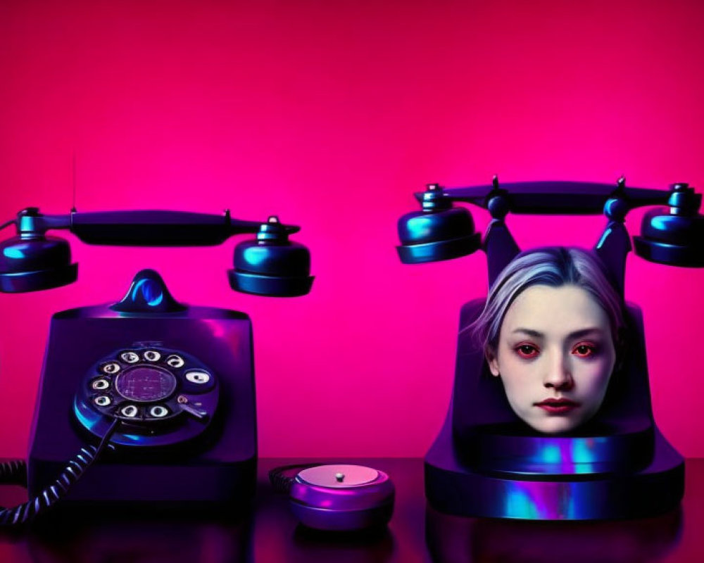 Surreal artwork: Woman's face merged into telephone on pink background