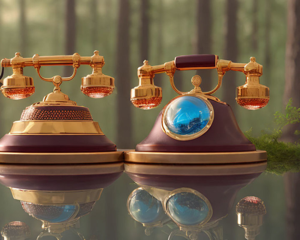 Vintage telephone with multiple receivers in whimsical forest setting