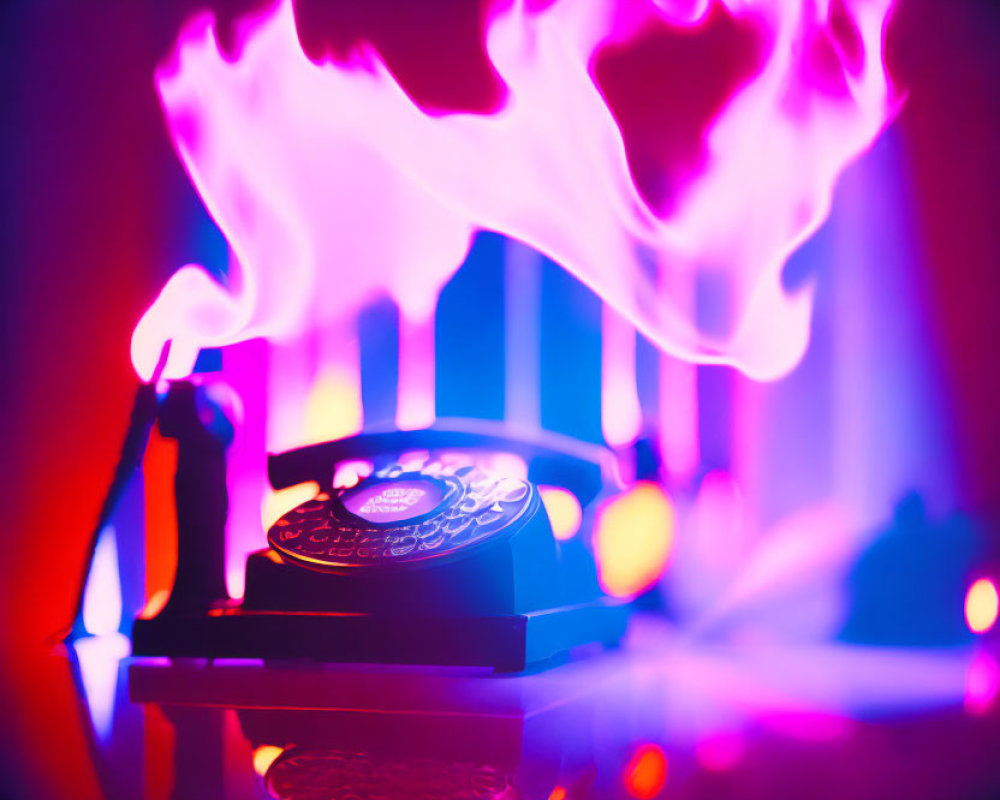 Vintage rotary phone engulfed in purple and orange flames on neon-lit dark background