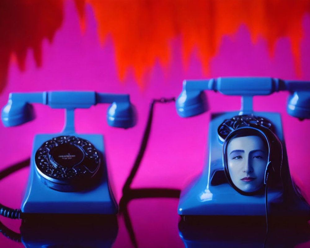 Vintage Telephones with Female Face Reflection on Receiver Against Purple Background