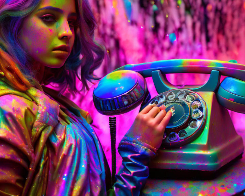 Vibrant holographic jacket woman with vintage telephone in colorful lighting