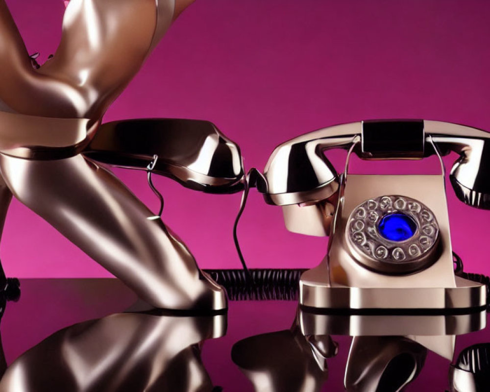 Vintage rotary telephone with mannequin parts on pink background