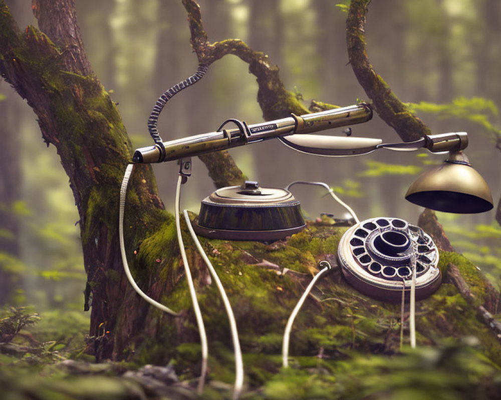 Vintage rotary phone and lamp with limbs in misty forest scene.