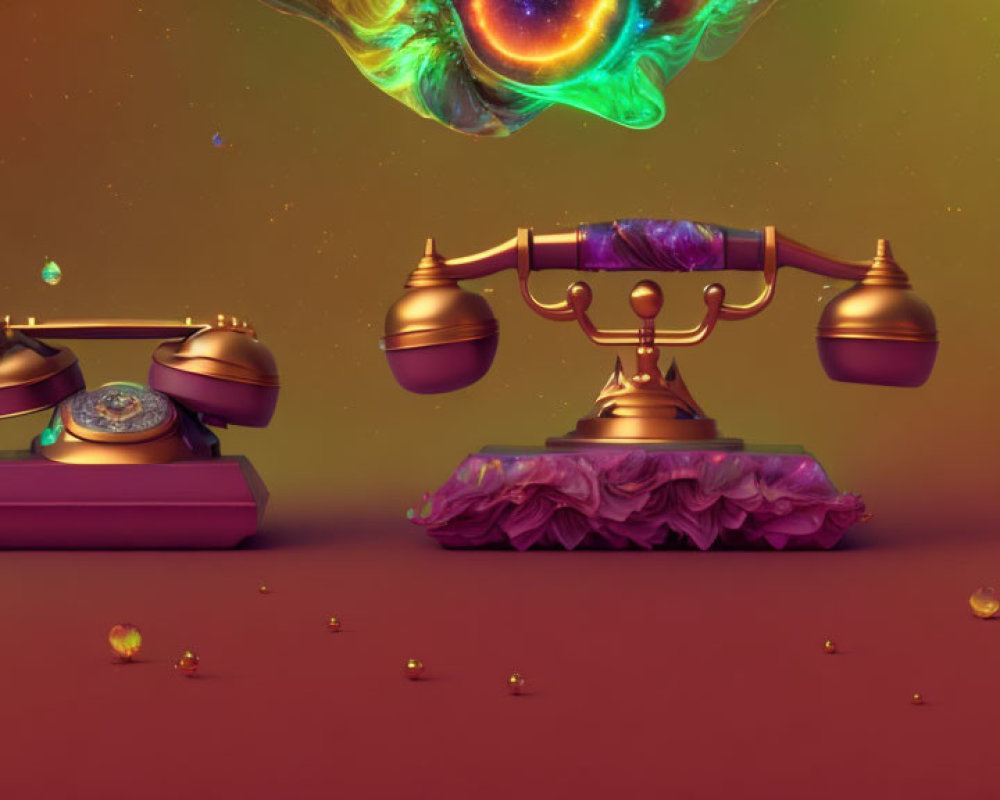 Vintage telephone with cosmic element on warm-toned backdrop and gemstones