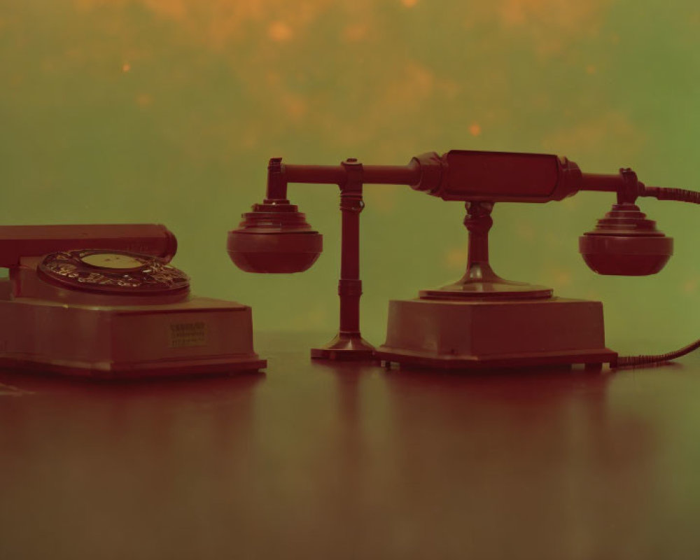 Retro telephone and desk lamp on table with orange and green backdrop